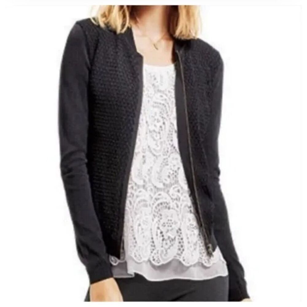 Cabi black textured lightweight full zip bomber cardigan M